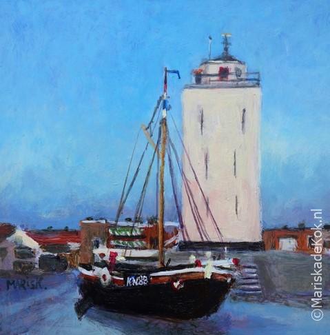 Uniek schilderij op dibond: De Vuurbaak en Bomschuit van Katwijk